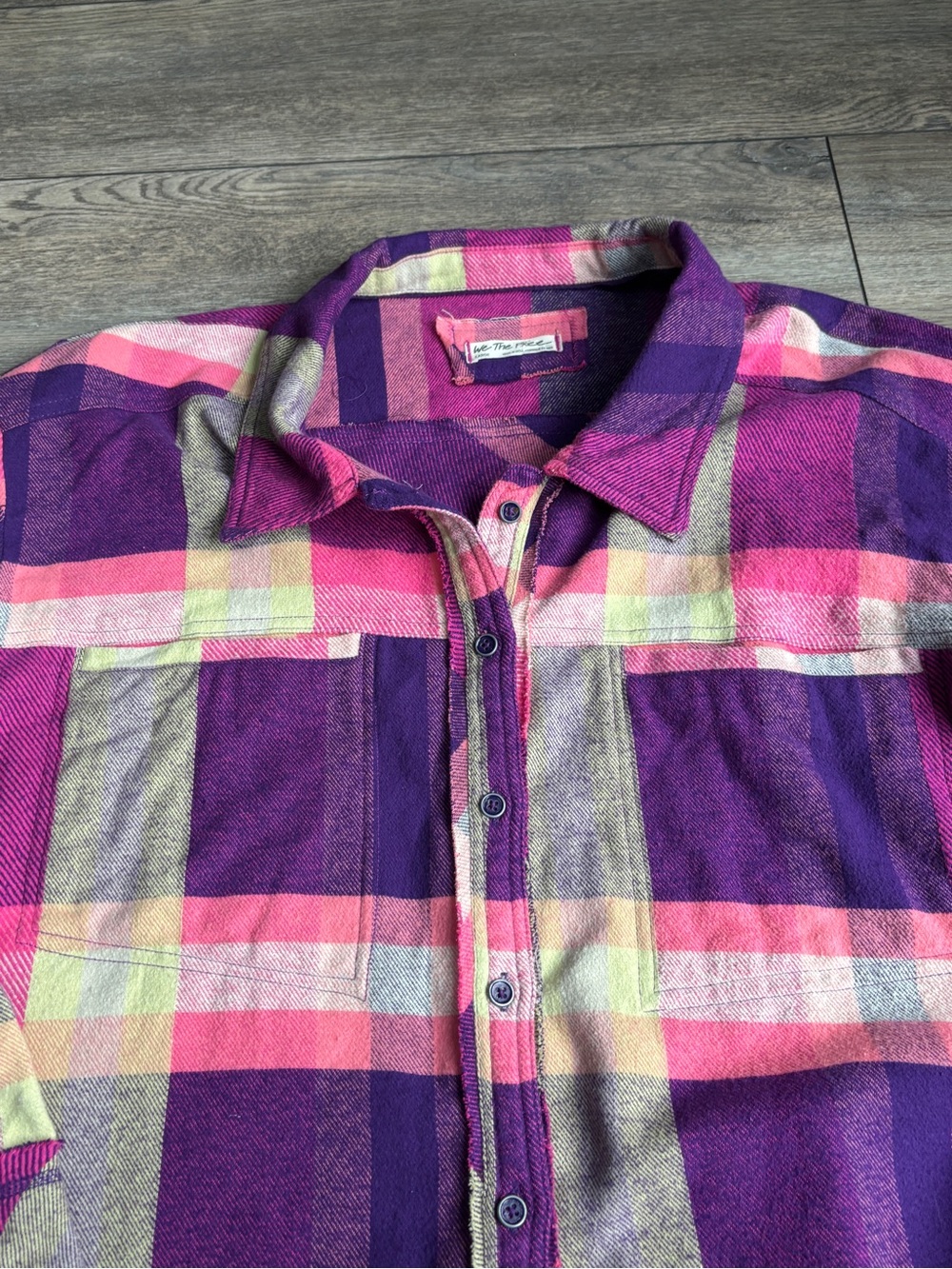 We The Free People Oversized Flannel Plaid Shirt Shacket Purple Pink Large - Picture 2 of 11
